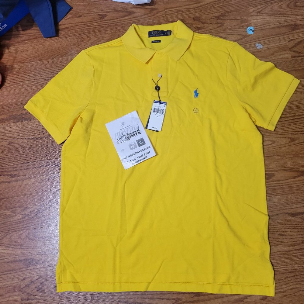 Polo Ralph Lauren Iconic Mesh Shirt Yellow Bright Blue Large Golf Classic Fit - Picture 2 of 11